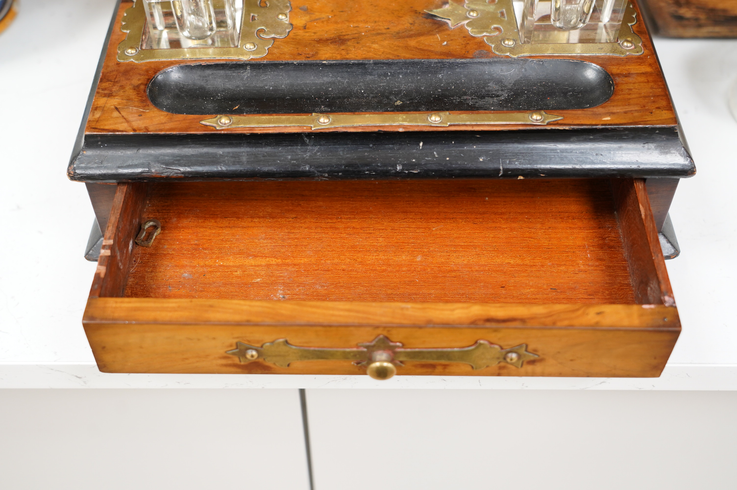 A 19th century brass mounted walnut desk stand, 27cm tall. Condition - fair